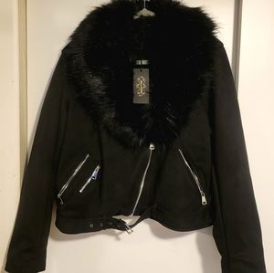 ✨NWT✨ Women's Bellivera BlackFaux Suede Jacket Coat w/ Removable Faux Fur Collar